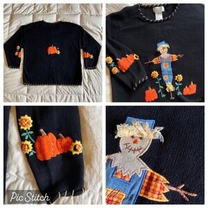 Mandal Bay Knit PO Sweater XL Harvest Scarecrow Pumpkin Patch Sunflower Black 3D